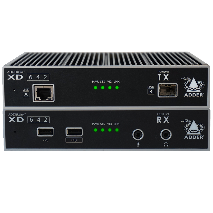 Transmitter und Receiver des ADDERLink XD642 KVM-Extender über CATx oder Fiber von Adder